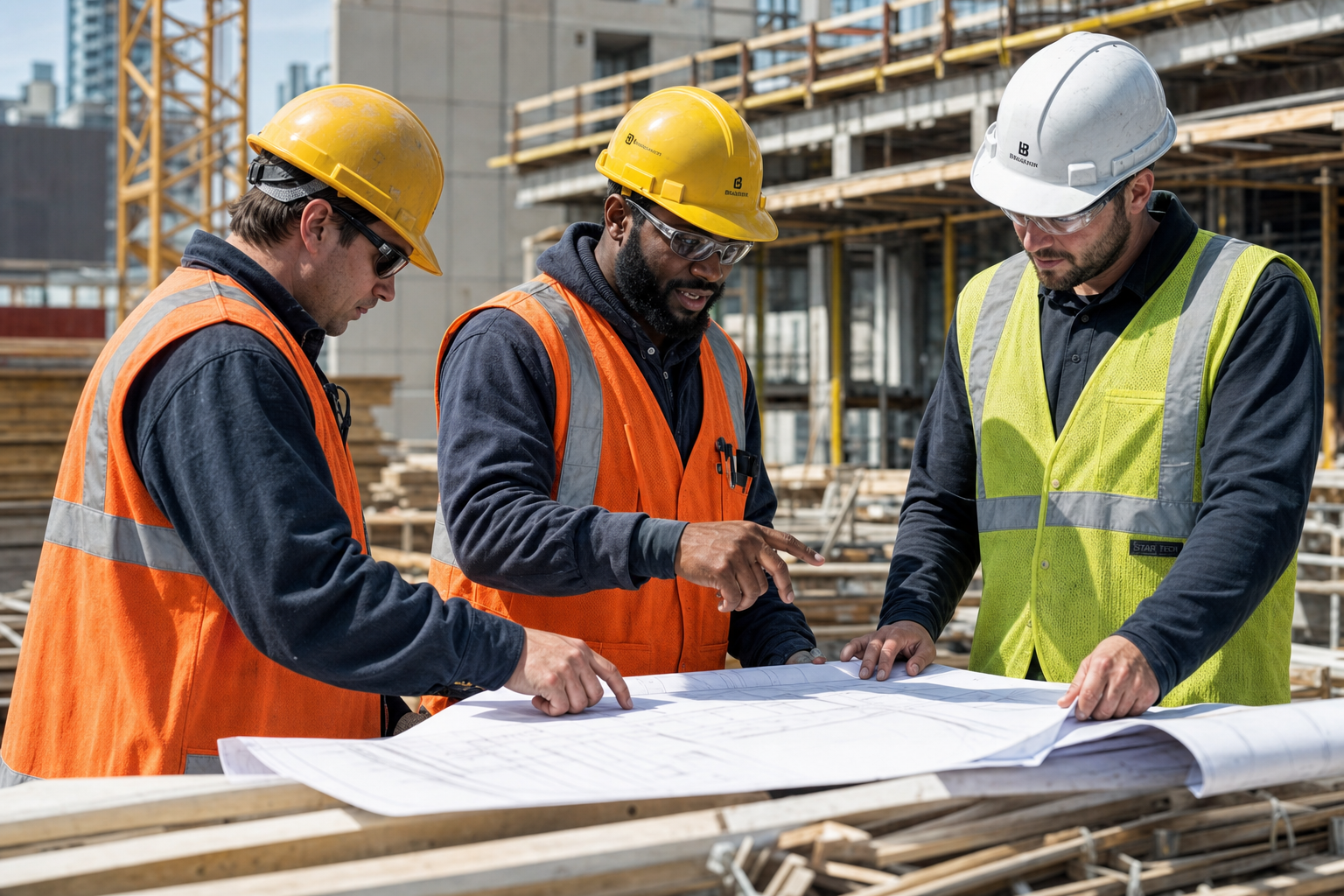 Lodestone Construction team reviewing architectural plans on a residential project